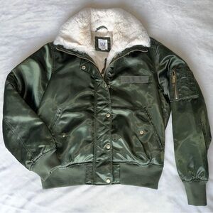 GAP Lux Satin Green Bomber Jacket with Cream Fur Collar